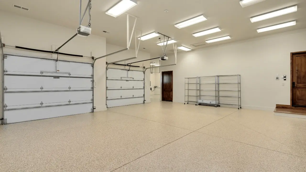 Full-flake epoxy garage floor coating in a three-car garage in Colorado Springs